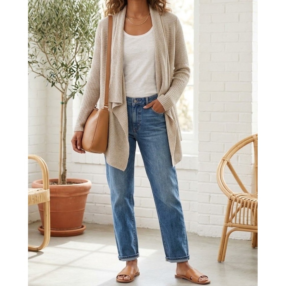 Eileen Fisher Cardigan Womens Small Beige Organic Linen Open Front Draped Shawl